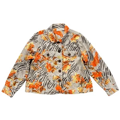 Studio Works женщин XL желтовато-коричневый оранжевый желтый цветочный блестки хлопок куртка на пуговицах - Изображение 1 из 4