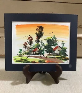 Cambodia Watercolor Landscape Painting with Stand Signed Cambodia 5"x7" - Picture 1 of 8