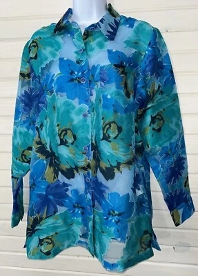Blusa Travelsmith tamanho pequeno azul verde floral burnout transparente com botões em excelente estado usado - Imagem 1 de 4