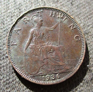 OLD 1 FARTHING 1936 COIN OF UNITED KINGDOM KING GEORGE V SEATED BRITANIA - Picture 1 of 2
