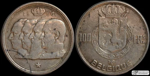 1950 Belgium, 100 Francs, Extremely Fine Condition, Silver, Free Shipping, C7348 - Picture 1 of 3