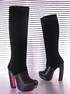 MORI ITALY PLATFORM NEW KNEE HIGH BOOTS STIEFEL STIVALI SUEDE LEATHER BLACK NERO - Picture 1 of 1