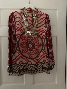 NWT Tory Burch 100% Silk Tunic V-Neck Purple/Pink ikat Print (Size 6) - Picture 1 of 12