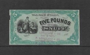 US Revenues: Taxpaid Snuff Stamp Springer #TE59; 5 lb 1875 Issue; Used - Picture 1 of 2