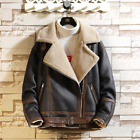 Men Faux Leather Jacket Warm Fur Liner Motorcycle Zipper Windbreaker Outwear
