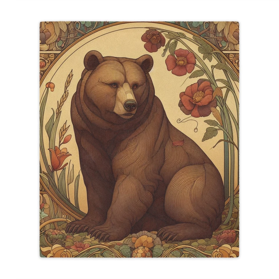 GRIZZLY BEAR Art Nouveau Style Cozy Microfiber Fleece Blanket Couch Throw - Image 1 of 1