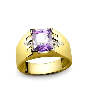 Flawless Amethyst Square Cut With 925 Silver Gold Plated Ring For Men #383 - Picture 1 of 5