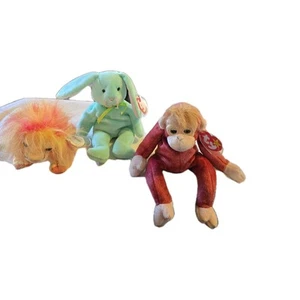 Beanie Baby Plush Animals Lot Of 3 Colorful 1990's Monkey Lion Bunny Vintage - Picture 1 of 14
