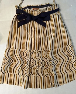 Tory Burch Cream Silk Skirt 8 Knee Length  Navy Blue Ribbon Belt Stripe Pleated - Image 1 of 4