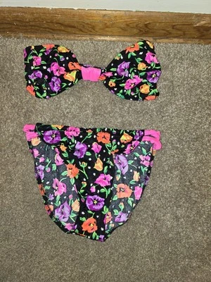 Bikini De Colección Años 80 Raro Domingos Talla 9 Neón Diseño Floral En Negro Sin Tirantes  Foto 1 de 4