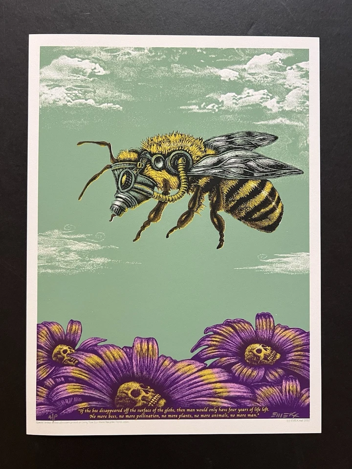EMEK 2007 противогаз пчелы на конопляной бумаге подписанный редкая художественная печать плакат 7,5 x 10» A/P - Изображение 1 из 1