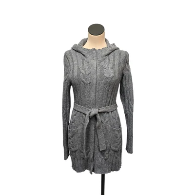 Suéter Athleta Mujer Gris Medio Con Capucha Cinturón Largo Cárdigan Cremallera Completa Bolsillos Foto 1 de 4