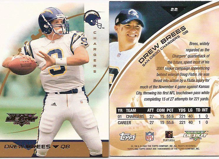 2002 DREW BREES TOPPS DEBUT # 22  , MINT LOT OF 5 CARDS !! - Image 1 of 1