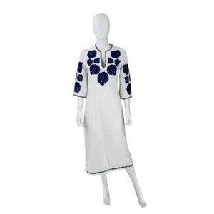 Antik Batik NEW Embroidered Tiki White and Blue Caftan Midi Dress Size XS - Picture 1 of 8