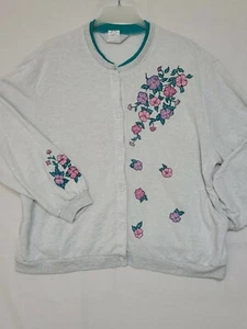 Vtg Blair Cardigan Sweater Gray Sweatshirt Button Up Floral 2XL Grannycore (ZR) - Picture 1 of 7