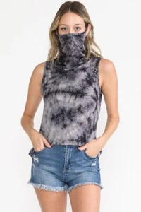 Black Tie Dye Masks Convertible Cowl Neck Top - Picture 1 of 7