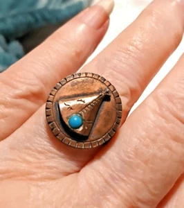 Vintage Copper Faux Turquoise Teepee Adjustable Ring - Picture 1 of 11