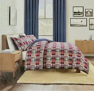 3-Pc Brooks Brothers Patchwork Plaid Queen Comforter Set Preppy Madras Red Blue - Picture 1 of 4