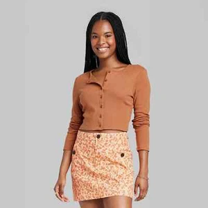 Wild Fable Women's Long Sleeve Button-Front Cropped Shirt Brown Size Large - Picture 1 of 6