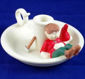 *Cute!* VTG NAPPING SANTA'S ELF PORCELAIN CHRISTMAS TAPER CANDLE HOLDER w HANDLE - Picture 1 of 11