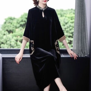 Womens Velvet Dress Ethnic Embroidery Key Hole Neck Midi Vintage Black Tops - Picture 1 of 13