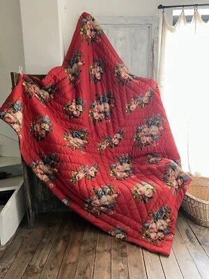 GRANDES ramos de rosas rojas colcha floral francesa vintage c1950 Foto 1 de 4