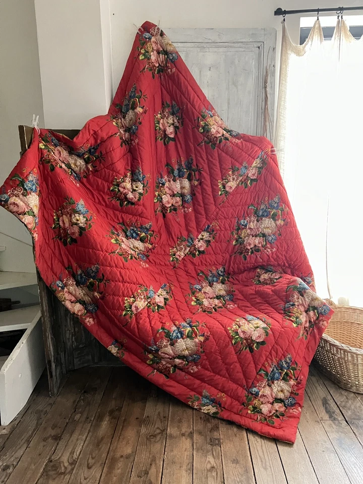 БОЛЬШИЕ винтажные французские цветочные ЛОСКУТНЫЕ КРАСНЫЕ букеты роз c1950 - Изображение 1 из 4