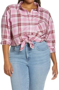 BP Nordstrom NWT Women's Pink Plaid Button Down Shirt Top Long Slv Sz 1X - Picture 1 of 6