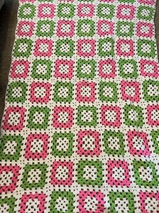 Vtg Crochet Granny Square Pink White Green Quilt Afghan Blanket 92X65 - Picture 1 of 6