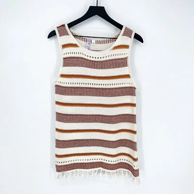 Alya Women’s L Boho Striped Knit Tunic Tank w/ Tassels White Orange - Image 1 of 4