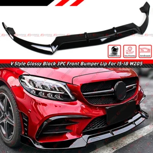 FOR 2015-18 MERCEDES BENZ W205 C43 C300 AMG SPORT GLOSS BLK 3PC FRONT BUMPER LIP - Picture 1 of 6