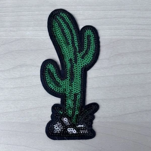 Sequin Cactus Iron On Patch Green/Black/White Embroidered Applique Size 5"x2.25" - Picture 1 of 1