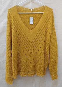 Maurices Womens Sweater XXL Gold Yellow Open Knit V Neck 1X Cotton Long Sleeve - Picture 1 of 8
