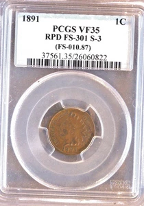 1891 Indian Cent RPD FS-301 S-3  PCGS VF-35 - Picture 1 of 5