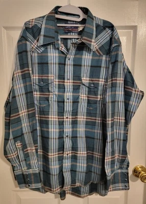 Wrangler Cowboy Cut Plaid X-Long Tails Button Up Shirt XL 18-36 Single Needle  - Image 1 of 4