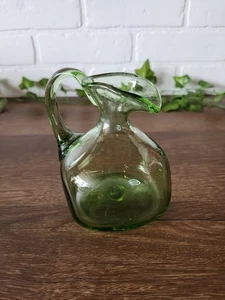 Hand Blown Glass Green Square shaped Base Pitcher • Applied Handle •4.5"H - Picture 1 of 3