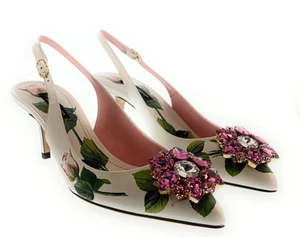 Dolce & Gabbana Fancy Flower White/Pink Watercolor Floral Kitten Slingbacks-EU36 - Picture 1 of 4