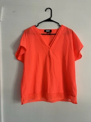 DKNY Women's Neon Orange Semi Sheer Short Sleeve V Neck Shirt Size Medium FLAW - Image 1 of 4
