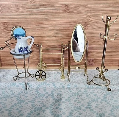 Enorme Lote Vintage 1:12 MOBÍLIA DE LATÃO PARA CASA DE BONECAS INCL. ESPELHO, CARRINHO, LAVATÓRIO - Imagem 1 de 4