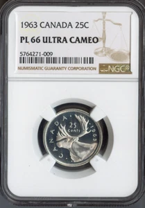 Canadá 1963 25 centavos plata 25C NGC PL66 calidad ultra camafeo - Imagen 1 de 2