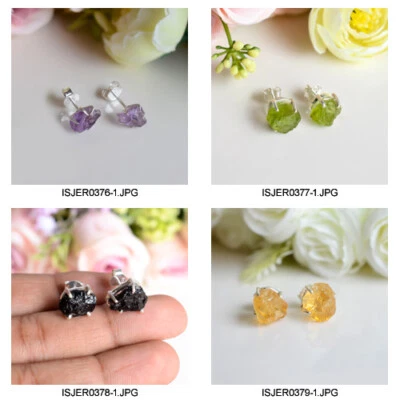 Genuine Amethyst Rough 925 Sterling Silver Prong Setting Earring Stud Jewelry - Image 1 of 4