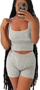 Casual Workout Sets Two Piece Outfits for Women Ribbed Crop Tank Top High Waist - Picture 1 of 5