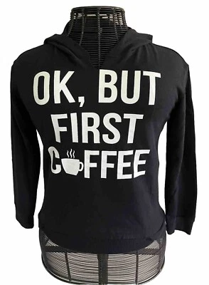 JOE BOXER Women's OK BUT FIRST COFFEE Pull-Over Hooded Sweatshirt Sz S — 第 1/4 张图片