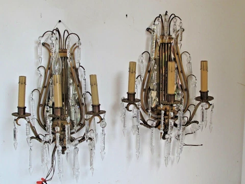 Antique Pair of Fine Bronze Lyre and Mirror Cut  Crystal 3 Light Wall Sconces Cover
