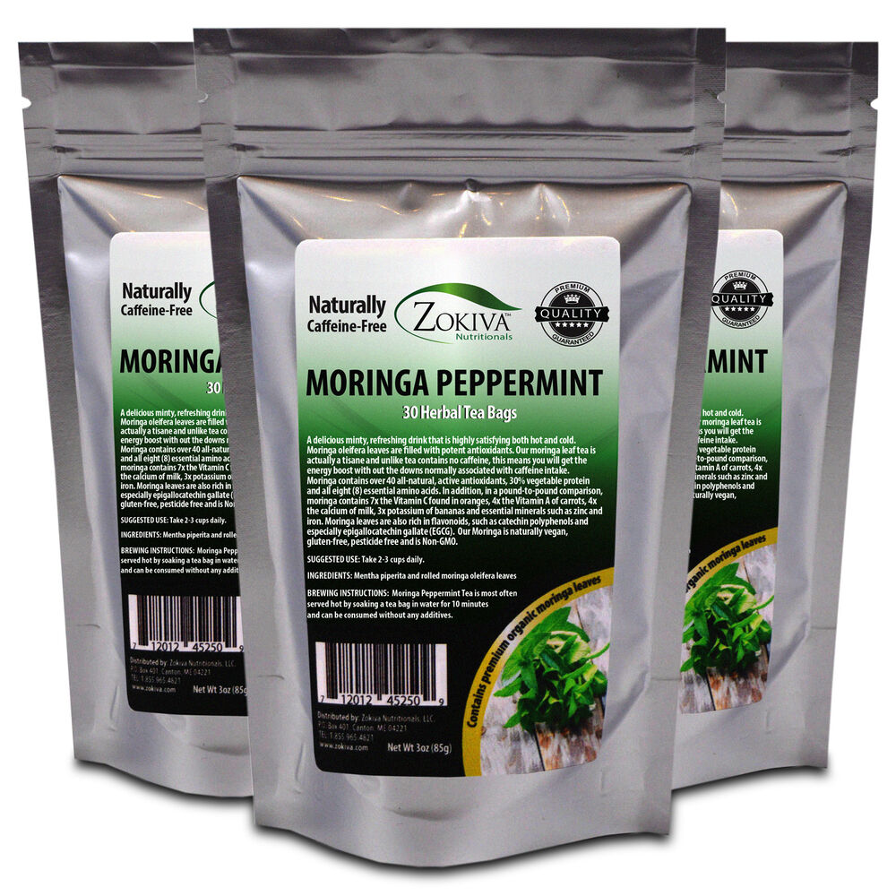 Moringa Peppermint Tea Bags 3-Pack (90) Caffeine-Free With Organic Moringa Leaf