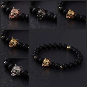 8MM Black Frosted Beads CZ Fierce Wolf Head Male Beads Strand Handmade Bracelet - Picture 1 of 36