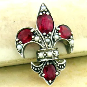 GENUINE STONES 925 STERLING SILVER ANTIQUE STYLE FLEUR DE LIS PENDANT #952 - Picture 1 of 1