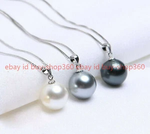 3pcs Beauty 14MM White Gray Black Round Shell Pearl 925 Silver Pendant Necklace - Picture 1 of 12