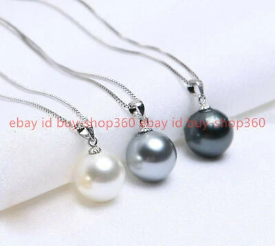 3pcs Beauty 14MM White Gray Black Round Shell Pearl 925 Silver Pendant Necklace - Image 1 of 4