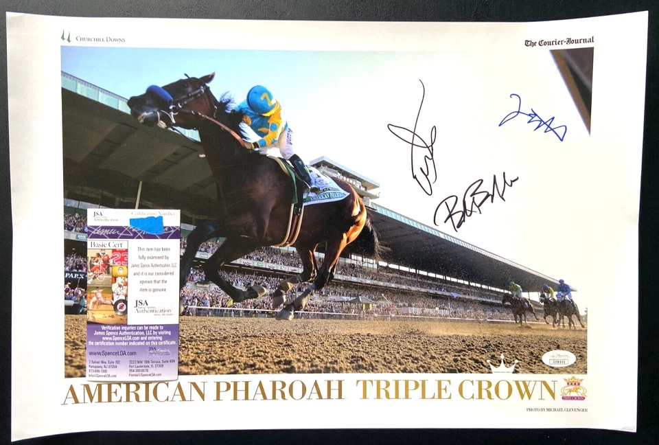 Póster firmado por Victor Espinoza Bob Baffert Ahmed Zayat 12x18 American Pharoah JSA Foto 1 de 4